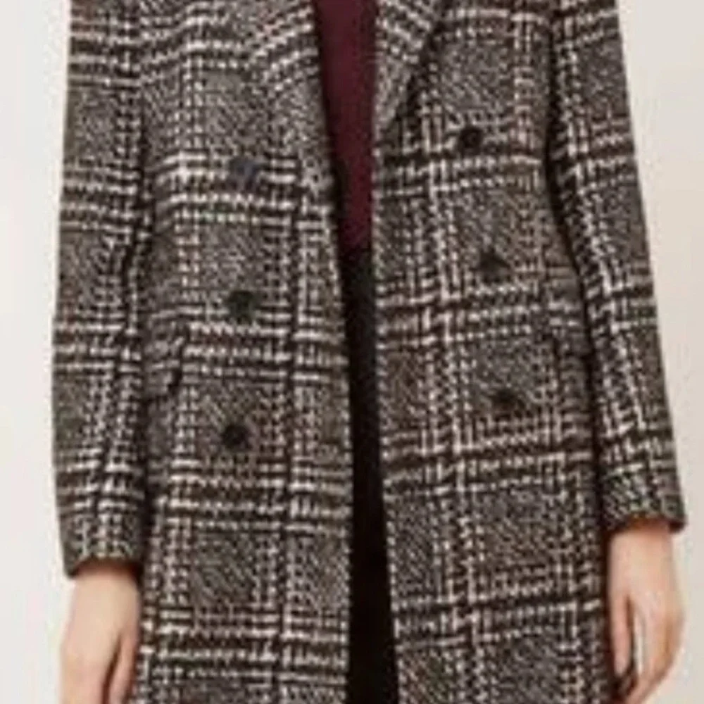Black and White Wool Blend Pea Coat with Plaid Design - Picture 4 of 4